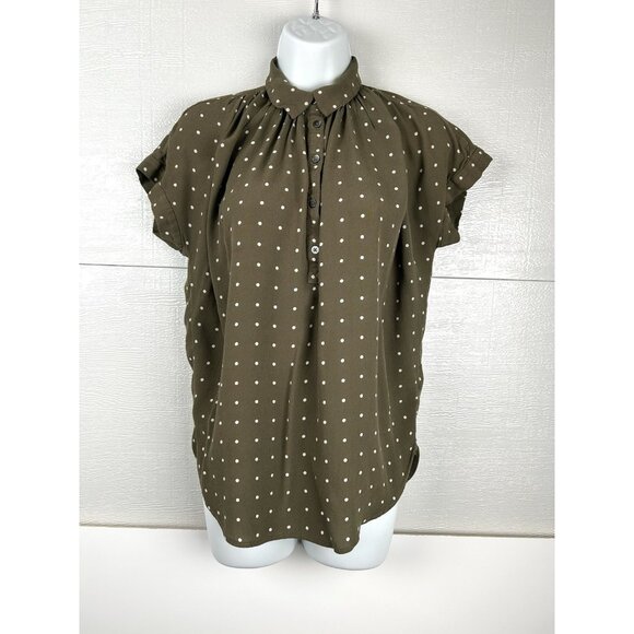 Madewell Central Drapey Popover Shirt in Grid Dot Olive Green Extra Small XS - Picture 1 of 16